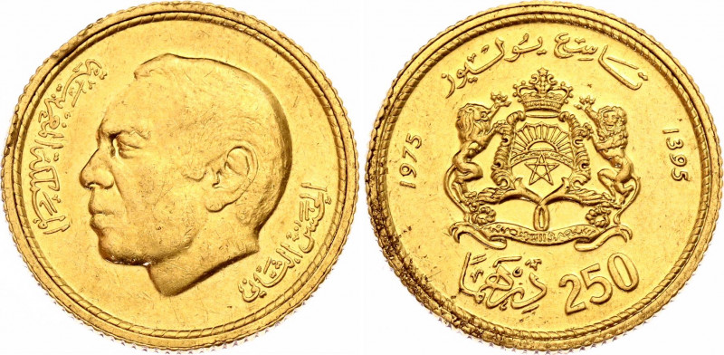 Morocco 250 Dirhams 1975 AH 1395
Y# 66; Gold (.900) 6.57 g.; Birthday of King H...