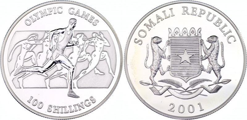 Somalia 100 Shillings 2001
Silver (.925) 31.1 g., 38.61 mm., Proof; Olympic Gam...