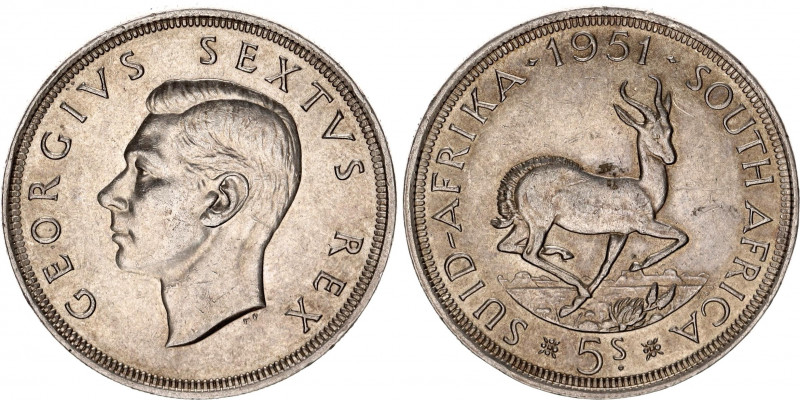 South Africa 5 Shillings 1951
KM# 40.2; Silver; Georg VI; Springbok; XF+