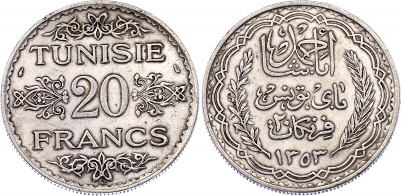 Tunisia 20 Francs 1935 AH 1353
KM# 263; Silver; Ahmad II; XF+