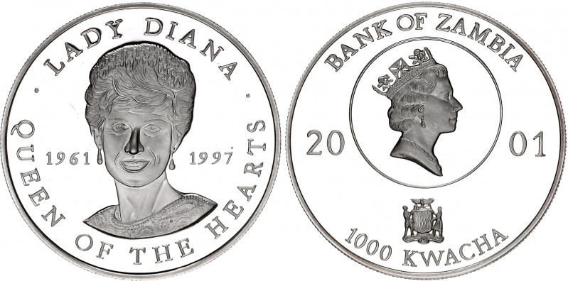 Zambia 1000 Kwacha 2001
KM# 277; Silver, Proof; Lady Diana, Queen of the Hearts