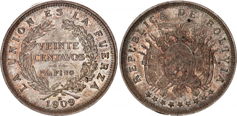 Bolivia 20 Centavos 1909 H
KM# 176; Silver; UNC with minor hairlines & nice ton...