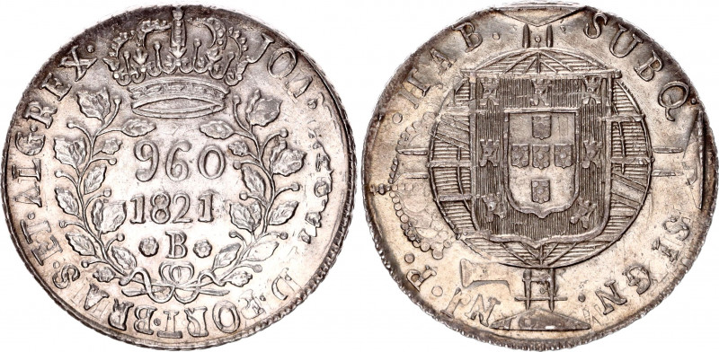 Brazil 960 Reis 1821 B Overstrike & Overdate
KM# 326.2; Silver; João VI; UNC