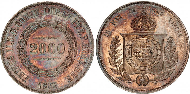 Brazil 2000 Reis 1863
KM# 466; Silver; Pedro II; AU-UNC with amazing toning