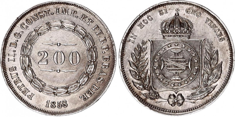 Brazil 200 Reis 1858 Overdate
KM# 469; Spikes on crown; Silver; Pedro II; UNC w...