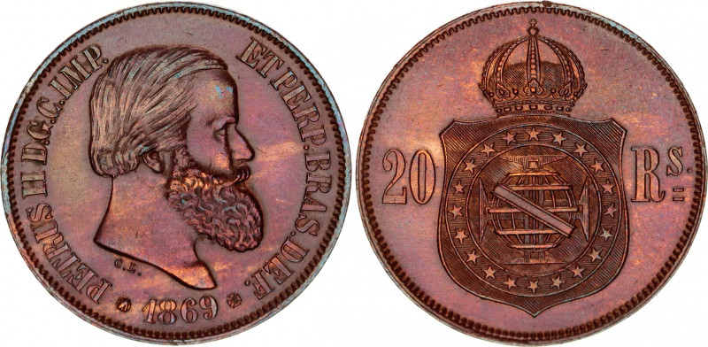 Brazil 20 Reis 1869
KM# 474; Pedro II; UNC with beautiful toning