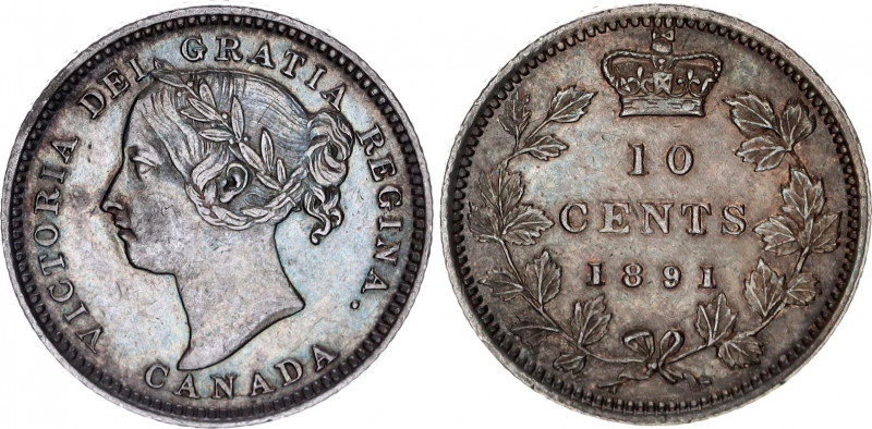 Canada 10 Cents 1891
KM# 3; Silver; Victoria; XF+ with nice toning