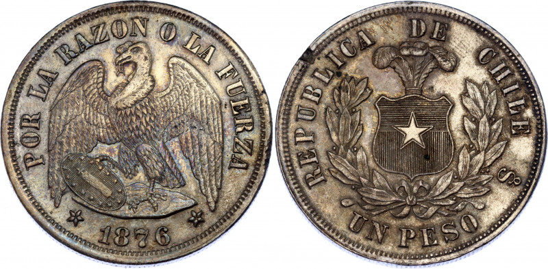 Chile 1 Peso 1876 So Lamination Error
KM# 142; Silver; UNC