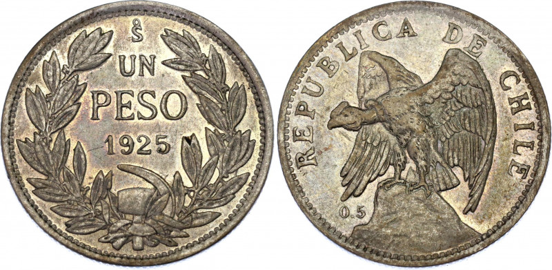 Chile 1 Peso 1925 So
KM# 152.6; Straight "5"; Silver; AUNC, mint luster remains