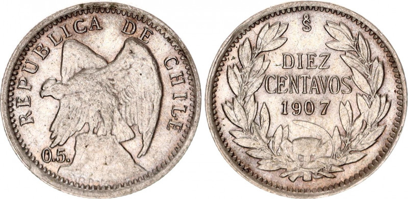 Chile 10 Centavos 1907 So
KM# 155.2; Type: "0.5."; Silver; UNC