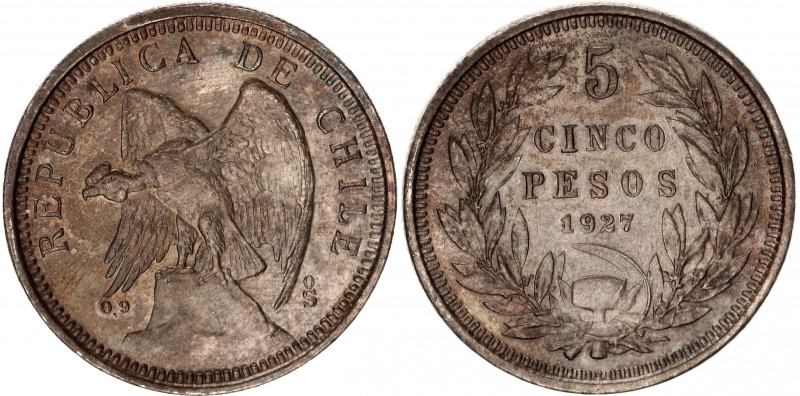 Chile 5 Pesos 1927 So
KM# 173; Silver; UNC with minor hairlines