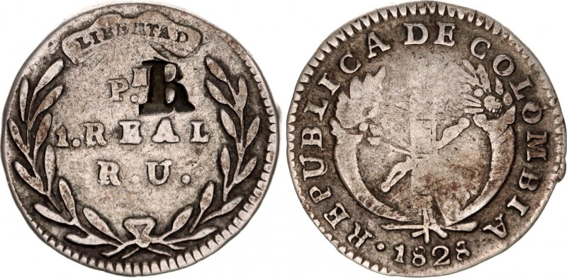 Colombia 1 Real 1829 RU With Counermark "R
KM# 87.2 (with mintmark PN); Silver;...