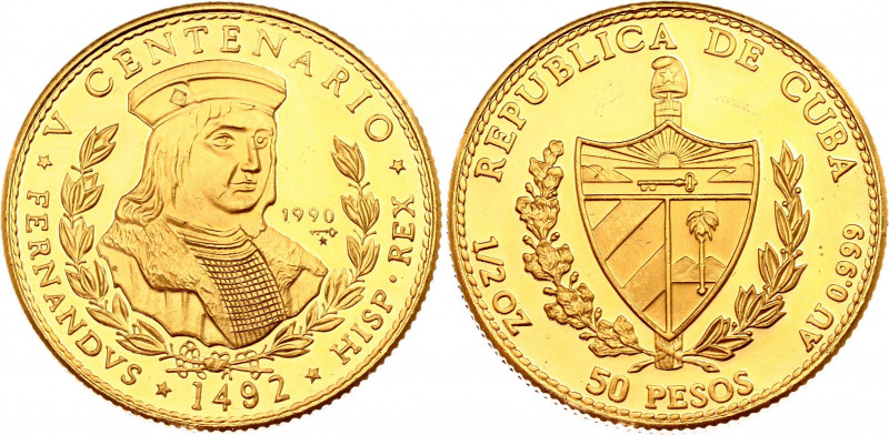 Cuba 50 Pesos 1990
KM# 299; Gold (.999) 15.47 g.; King Ferdinand of Spain; Mint...