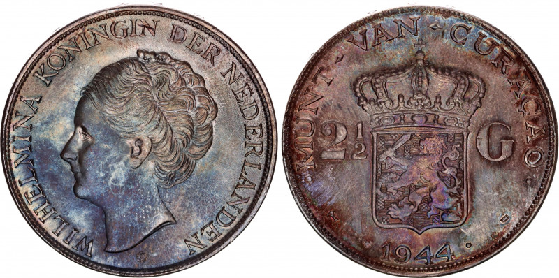 Curacao 2-1/2 Gulden 1944 D
KM# 46; Silver; Wilhelmina; UNC with amazing toning