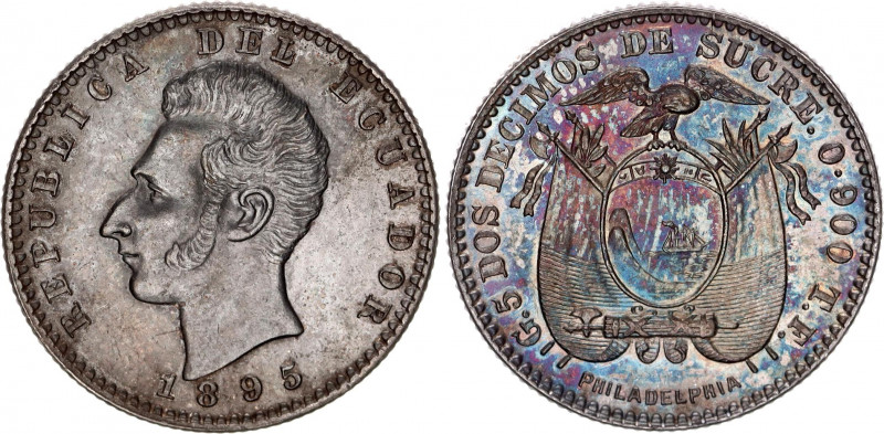 Ecuador 2 Decimos 1895 TF
KM# 51.4 (mintmark "PHILADELPHIA"); Silver; UNC with ...