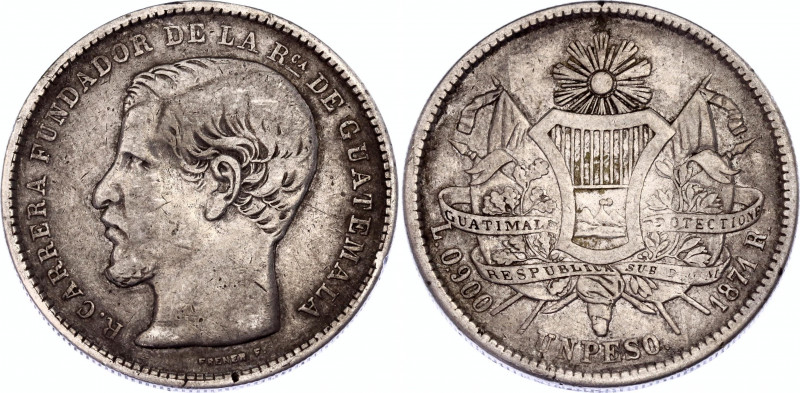 Guatemala 1 Peso 1871 R
KM# 190.1; Silver; Rafael Carrera; XF