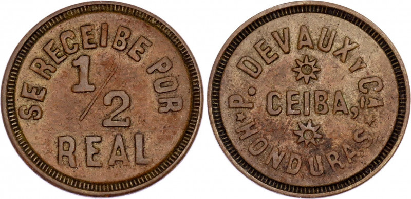 Honduras P. Devaux y Co Ceiba Token 1/2 Real 20th Century
Brass 3.90 g., 23 mm....