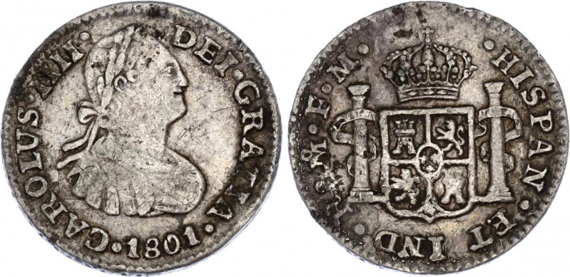 Mexico 1/2 Real 1801 Mo FM
KM# 72; Silver; Carlos IV; Mint: Mexico City; VF