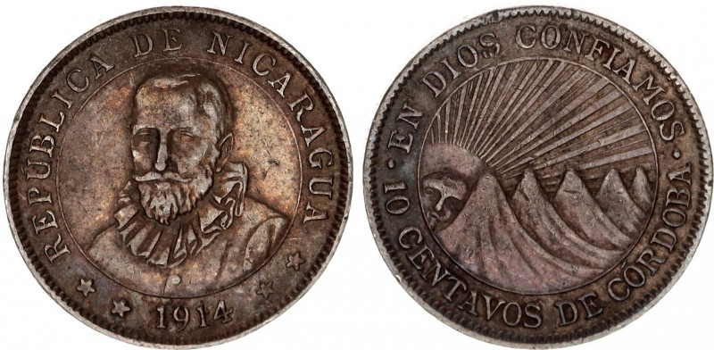 Nicaragua 10 Centavos 1914 H
KM# 13; Silver; XF+