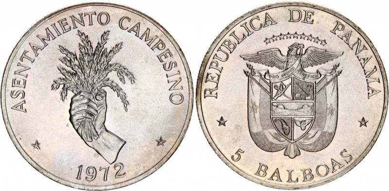 Panama 5 Balboas 1972
KM# 30; Silver; FAO - Peasant Settlements; UNC