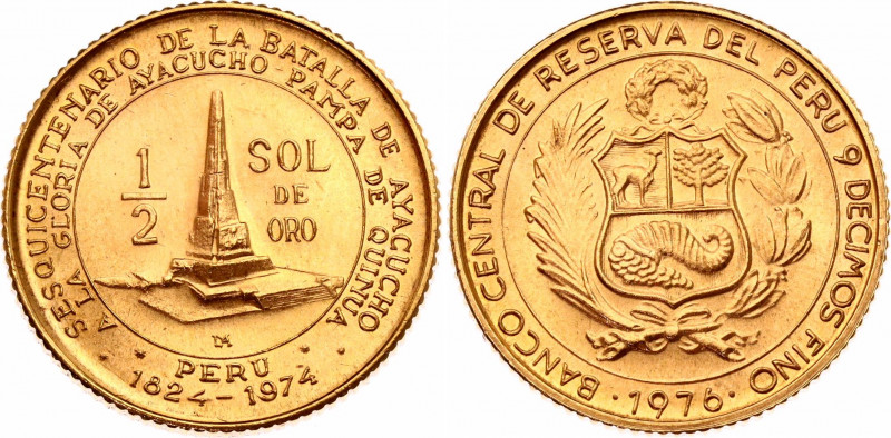 Peru 1/2 Sol de Oro 1976
KM# 268; Gold (.900) 9.34 g.; 150th Anniversary - Batt...