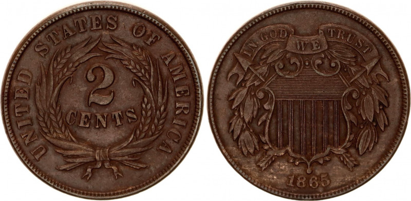 United States 2 Cents 1865 Double Strike
KM# 94; "Type:"Fancy 5"; "Union Shield...