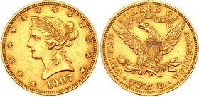 United States 10 Dollars 1907
KM# 102; Gold (.900) 16.73 g.; Coronet Head - Eagle; MInt: Philadelphia; AUNC-UNC