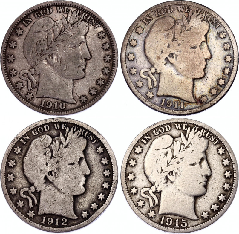 United States 4 x 1/2 Dollar 1910 - 1915
KM# 116; Silver; "Barber Half Dollar";...