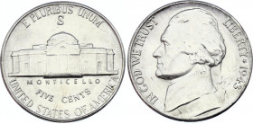 United States 5 Cents 1943 S
KM# 192a; Silver; "Jefferson Wartime Nickel"; BUNC Hard to find in such a high condition!