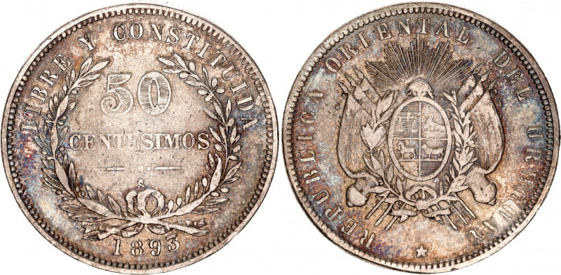 Uruguay 50 Centesimos 1893 So
KM# 16; Silver; XF-