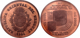 Uruguay 2000 Pesos 1984 Pattern NGC PF 64 RD
KM# Pn14; Copper., Proof; 25th Meeting of Inter-American Development Bank Governors