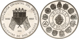 Uruguay 50000 Nuevo Pesos 1991
KM# 100; Silver, Proof; Ibero - American series,crossed flags