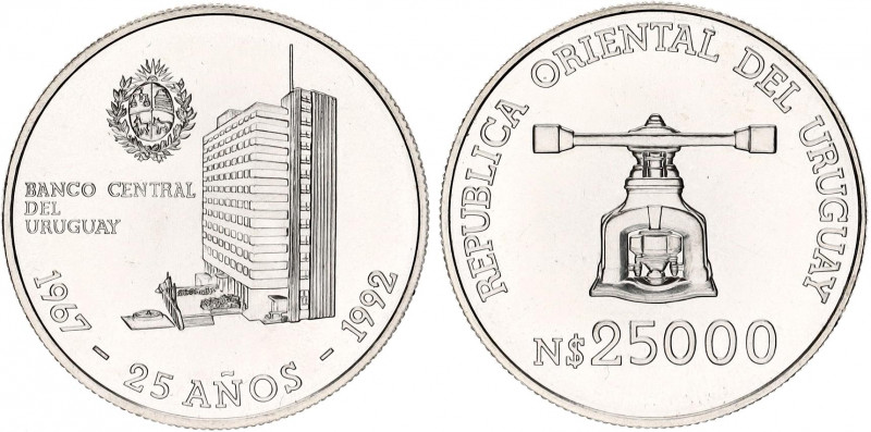 Uruguay 25 Nuevos Pesos 1992
KM# 101; Silver; 25th Anniversary of Uruguay Centr...