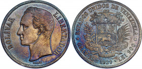 Venezuela 5 Bolivares 1929 Double Strike
Y# 24.2; Low 9; Silver; XF-AU weak strike with amazing toning