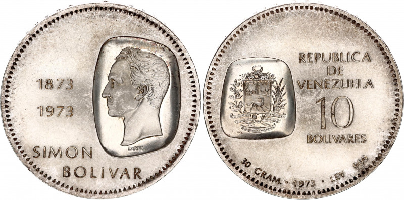 Venezuela 10 Bolivares 1973
Y# 45; Silver; Centennial of Simon Bolivar in coins...