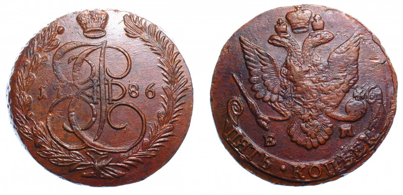 Russia 5 Kopeks 1786 EM
Bit# 637; Copper 43.12g; AUNC