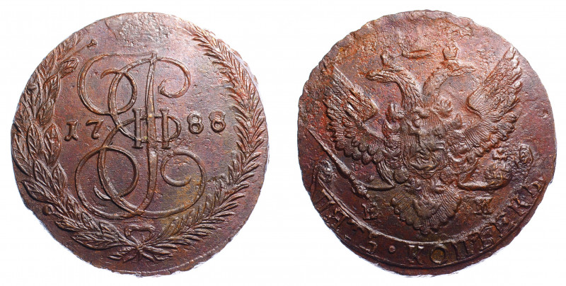 Russia 5 Kopeks 1788 EM
Bit# 642; Copper 44.80g; XF