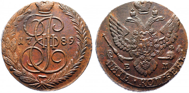 Russia 5 Kopeks 1789 EM
Bit# 643; Copper 53.28g 42mm; UNC