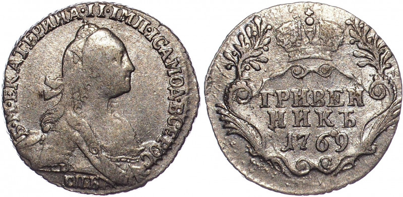 Russia Grivennik 1769 СПБ
Bit# 474; Silver 2.47g; 0.75 Rouble by Petrov, 3 Roub...