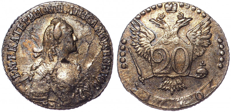 Russia 20 Kopeks 1770 ММД R2
Bit# 157 R2; Silver 4.2g; 1 Rouble by Petrov, 8 Ro...