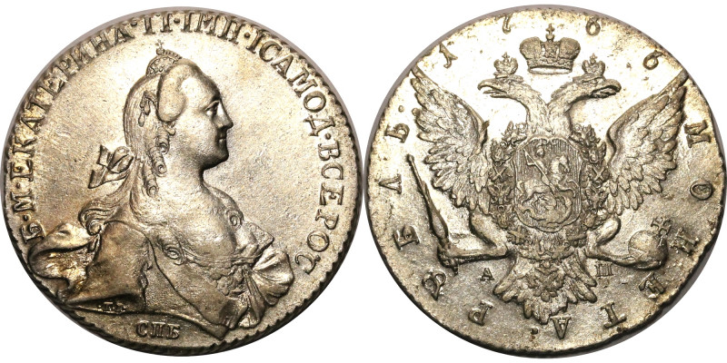 Russia 1 Rouble 1766 СПБ TI АШ
Bit# 197; Silver 24.71 g.; Coin from old collect...