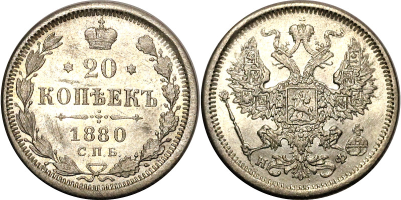 Russia 20 Kopeks 1880 СПБ НФ
Bit# 233; Silver 3.57 g.; UNC with mint luster...