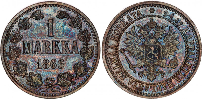 Russia - Finland 1 Markka 1866 S
Bit# 626; Silver 5.10 g.; UNC with minor hairl...