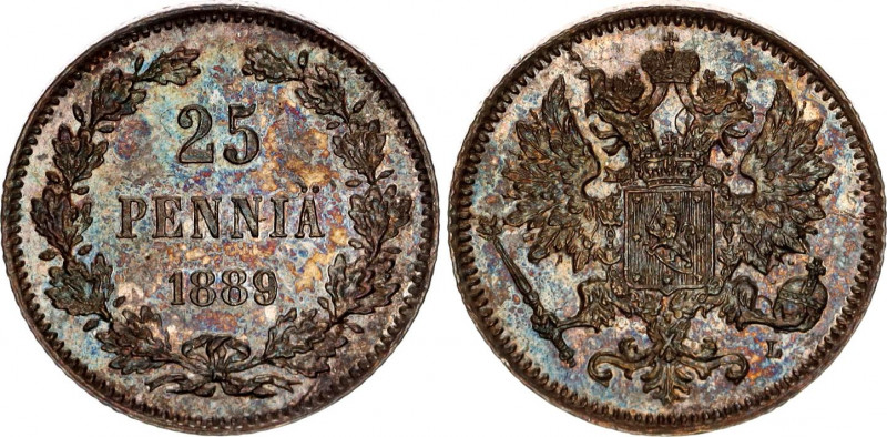 Russia - Finland 25 Pennia 1889 L
Bit# 238; Silver 1.31 g.; UNC with nice tonin...