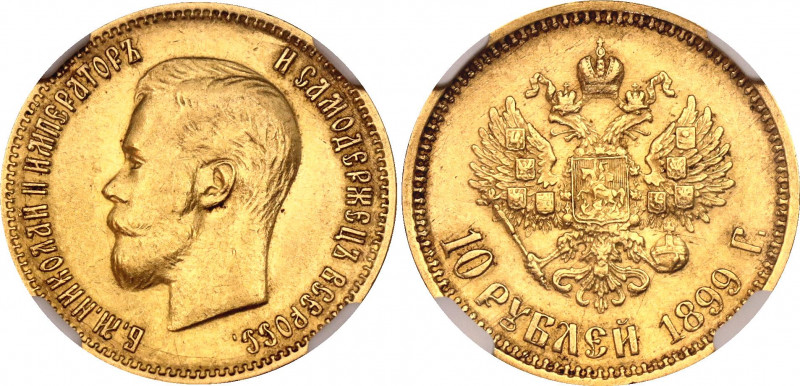 Russia 10 Roubles 1899 ФЗ NGC MS 62
Bit# 6; Gold (.900) 8.60 g., 22.5 mm.