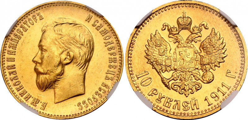 Russia 10 Roubles 1911 ЭБ NGC MS 61
Bit# 16; Gold (.900) 8.60 g., 22.5 mm.