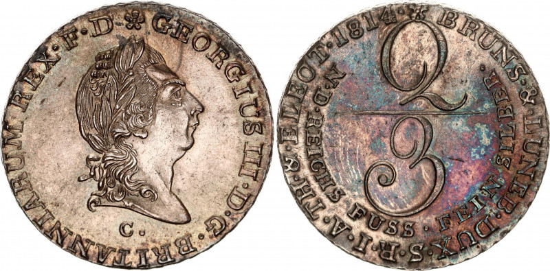 German States Hannover 2/3 Taler 1814 C
KM# 100; Silver; George III; AU-UNC wit...