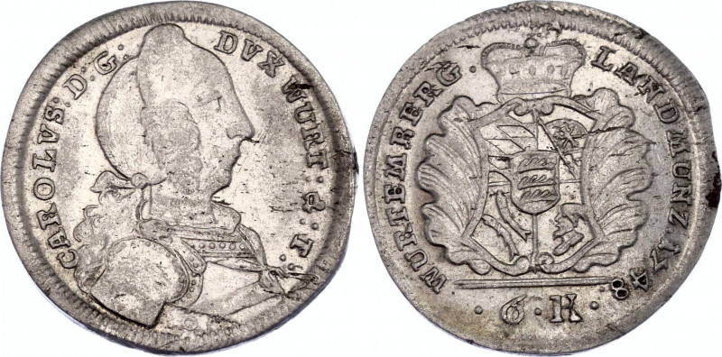 German States Württemberg 6 Kreuzer 1748
KM# 385; Klein/Raff 300; Silver 2.59 g...