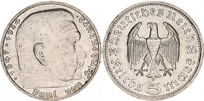 Germany - Third Reich 5 Reichsmark 1935 D
KM# 86; AKS# 27; J. 360; Silver; Paul...