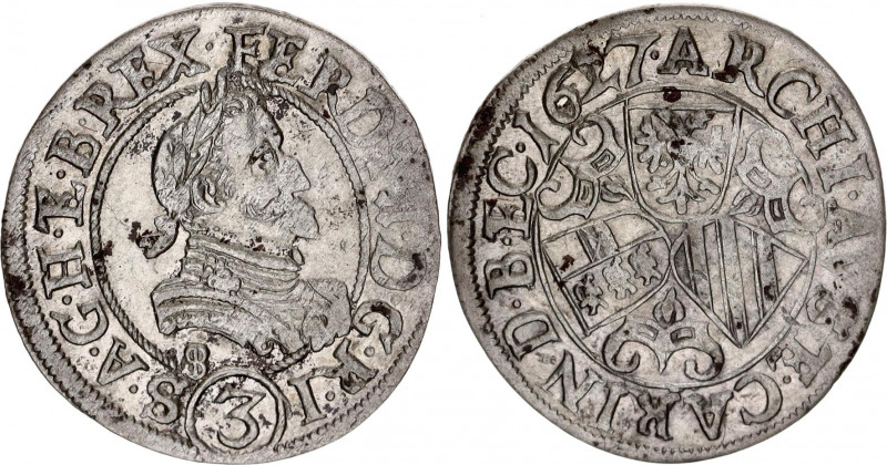 Austria 3 Kreuzer 1627 SI
Silver; RDR, Haus Habsburg, Ferdinand II, St. Veit; A...